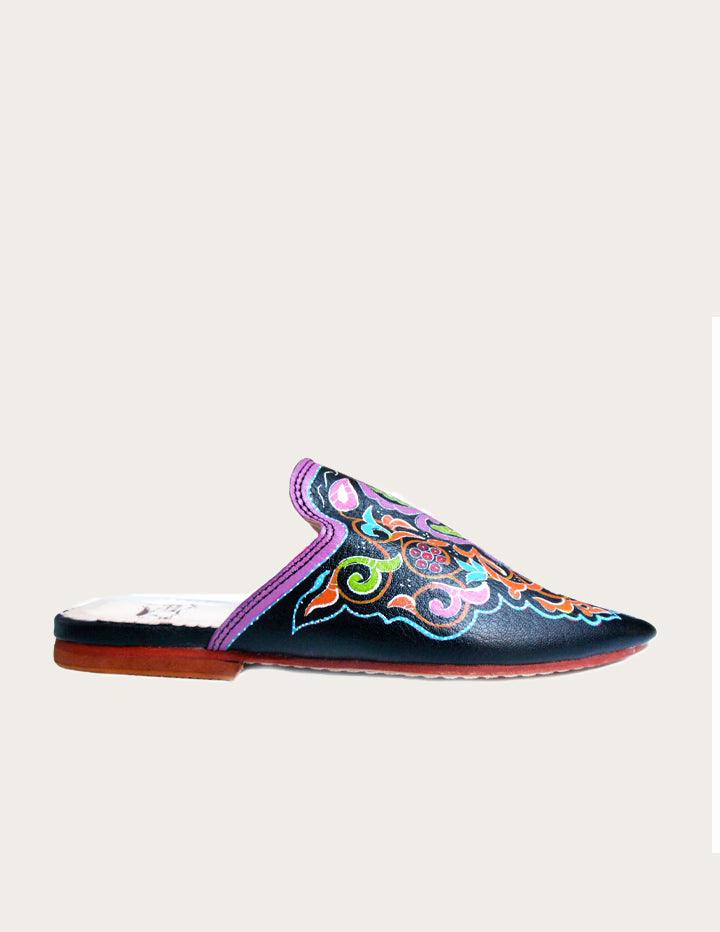 Women Hand-painted Leather Flat Mules - Slow Chic Fashion