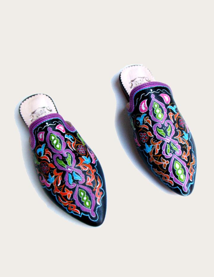 Women Hand-painted Leather Flat Mules - Slow Chic Fashion