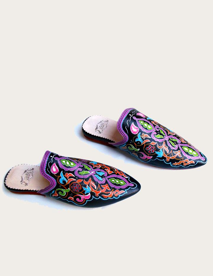 Women Hand-painted Leather Flat Mules - Slow Chic Fashion