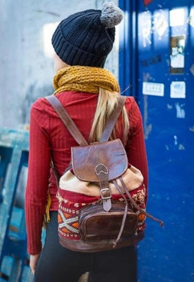 One of a Kind Berber Vintage Rug with Genuine Leather Backpack - Slow Chic Fashion
