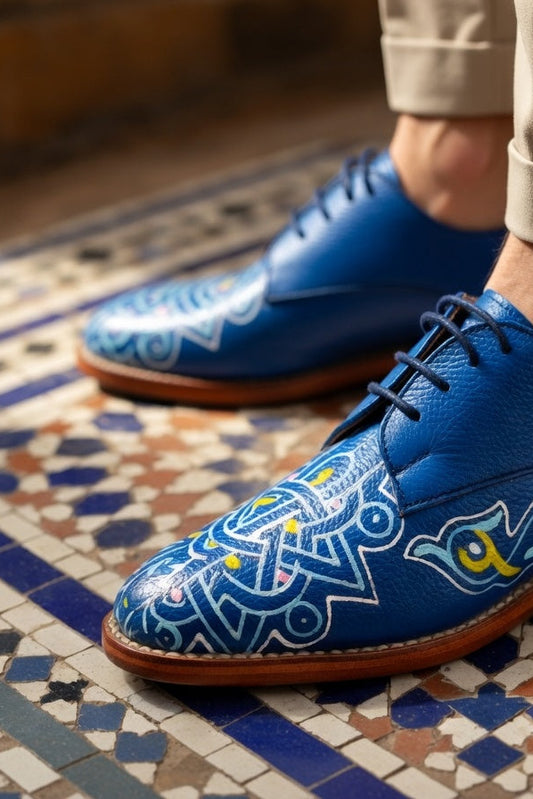 Blue Hand-Painted Floral Leather Derby Shoes for Women | Brown Artisan Lace-Up Oxfords