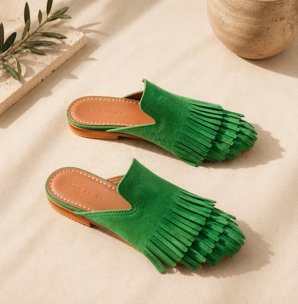 Handmade Green Suede Leather Fringe Flat Mules for Women