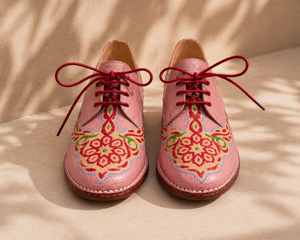 Hand-Painted Leather Derby — Floral Edition, Chestnut Brown
