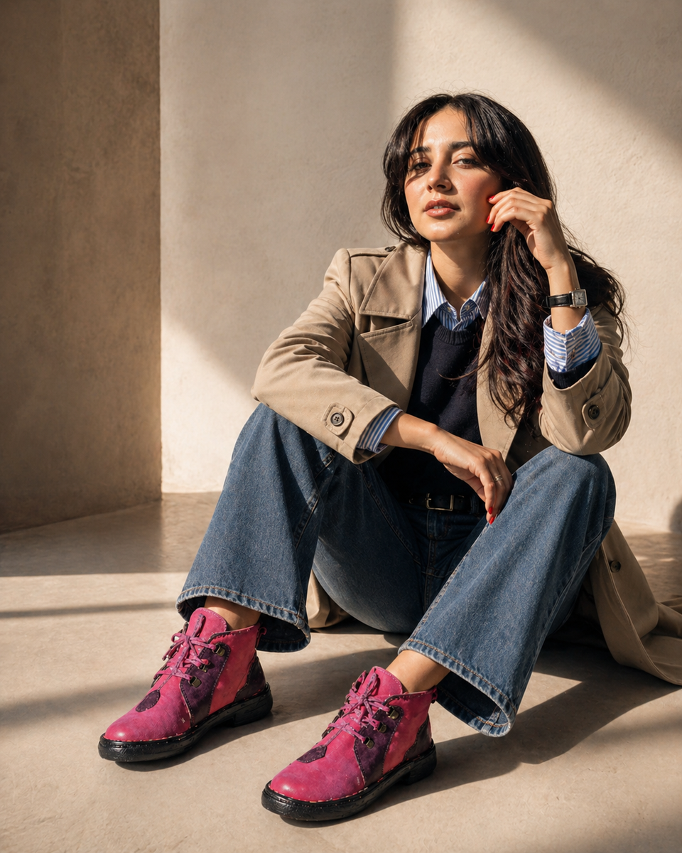 Handmade Pink and Black Leather Ankle Combat Boot