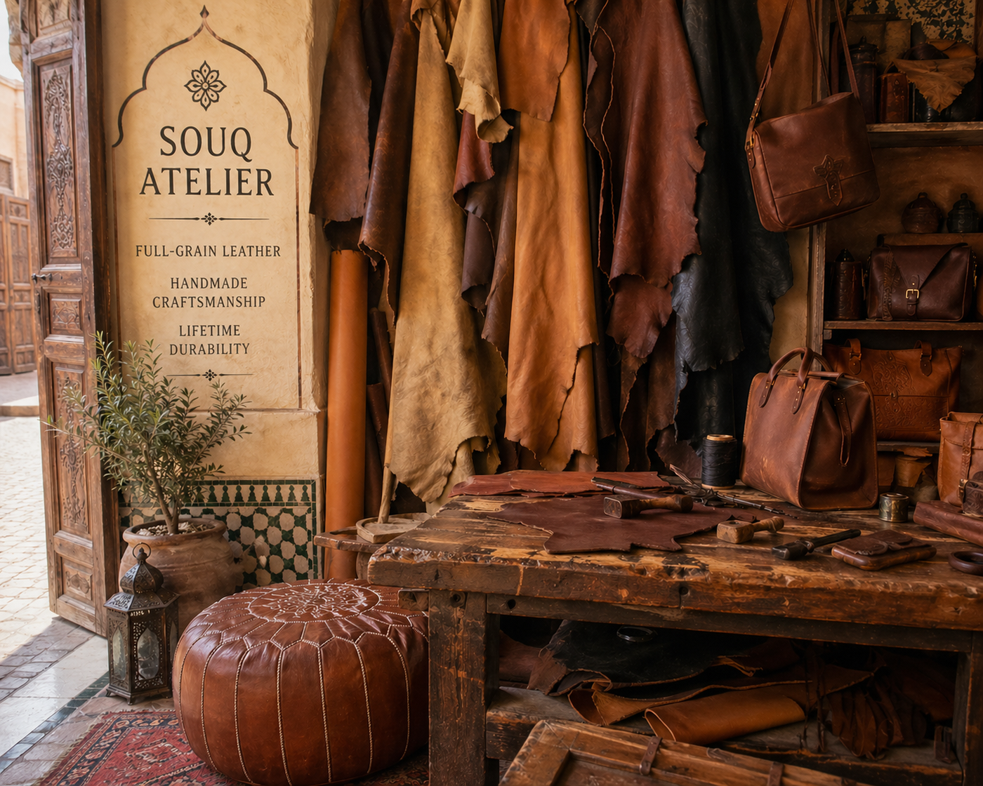 Fez leather, selected for character rather than uniformity.