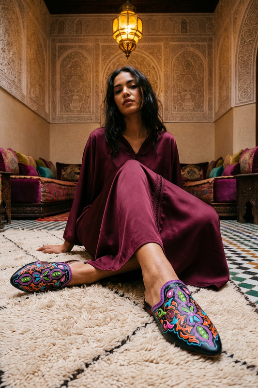 Hand-Painted Tazwaqt Leather Flat Mules for Women | Pointed Toe Luxury Mules