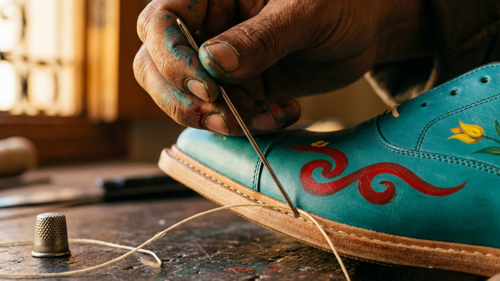 Hand stitching a blue shoe with floral patterns on a wooden workbench.

