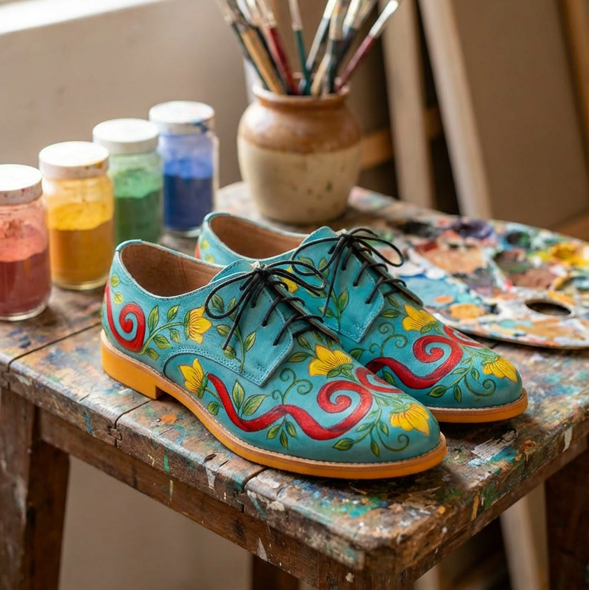 Colorful shoes with floral patterns on a wooden table with art supplies.

