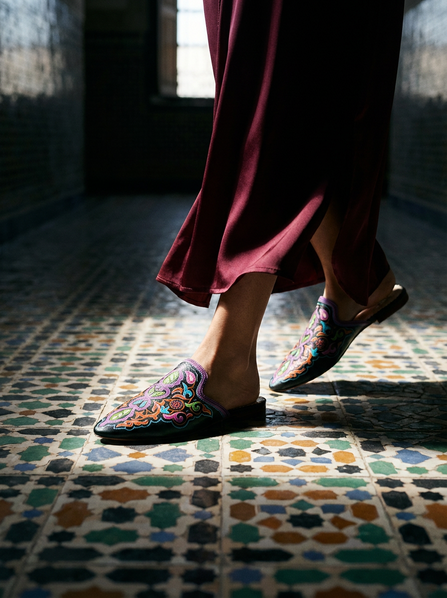 Hand-Painted Tazwaqt Leather Flat Mules for Women | Pointed Toe Luxury Mules