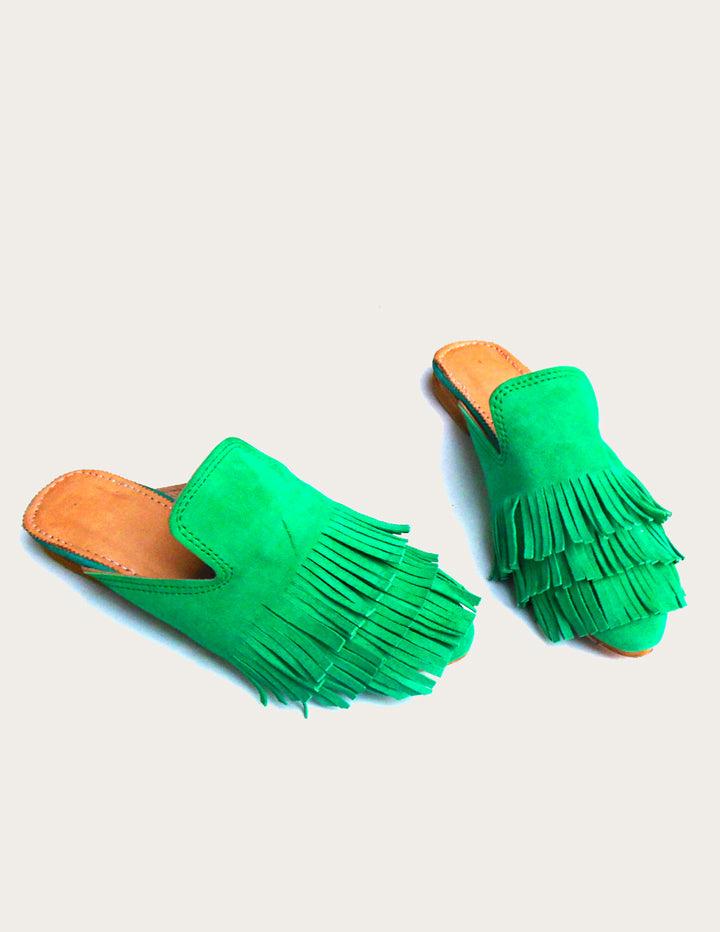 Green Women's Fringe Suede Leather Mules - Slow Chic Fashion