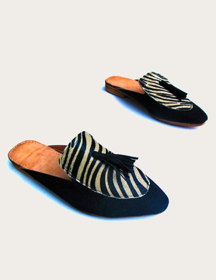 Women's Zebra Designer Slip on Mules in Black