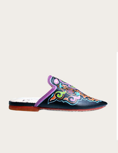 Women Hand-painted Leather Flat Mules - Slow Chic Fashion