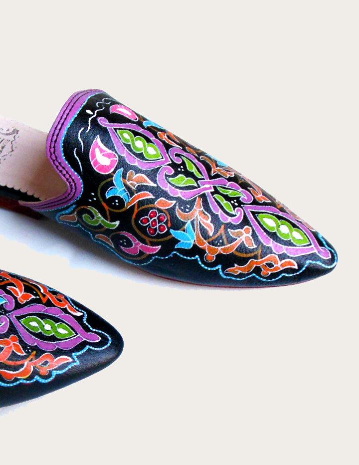 Women Hand-painted Leather Flat Mules - Slow Chic Fashion