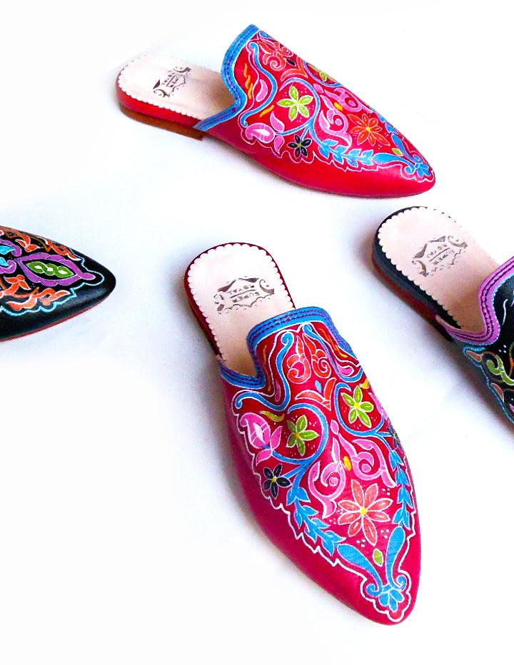 Women Hand-painted Leather Flat Mules - Slow Chic Fashion