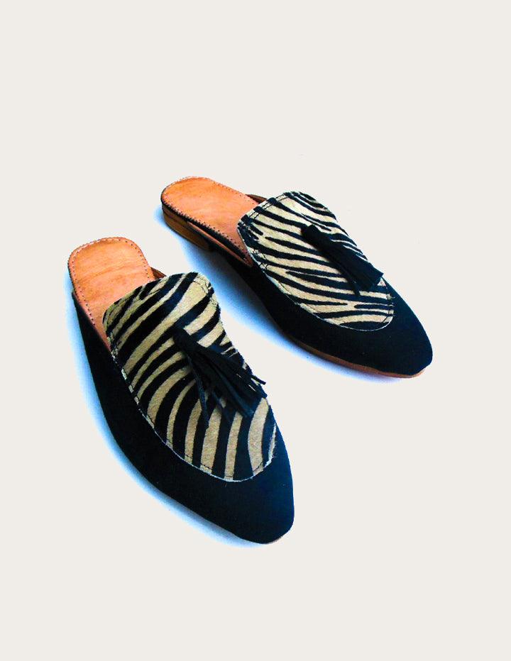Women's Zebra Designer Slip on Mules in Black