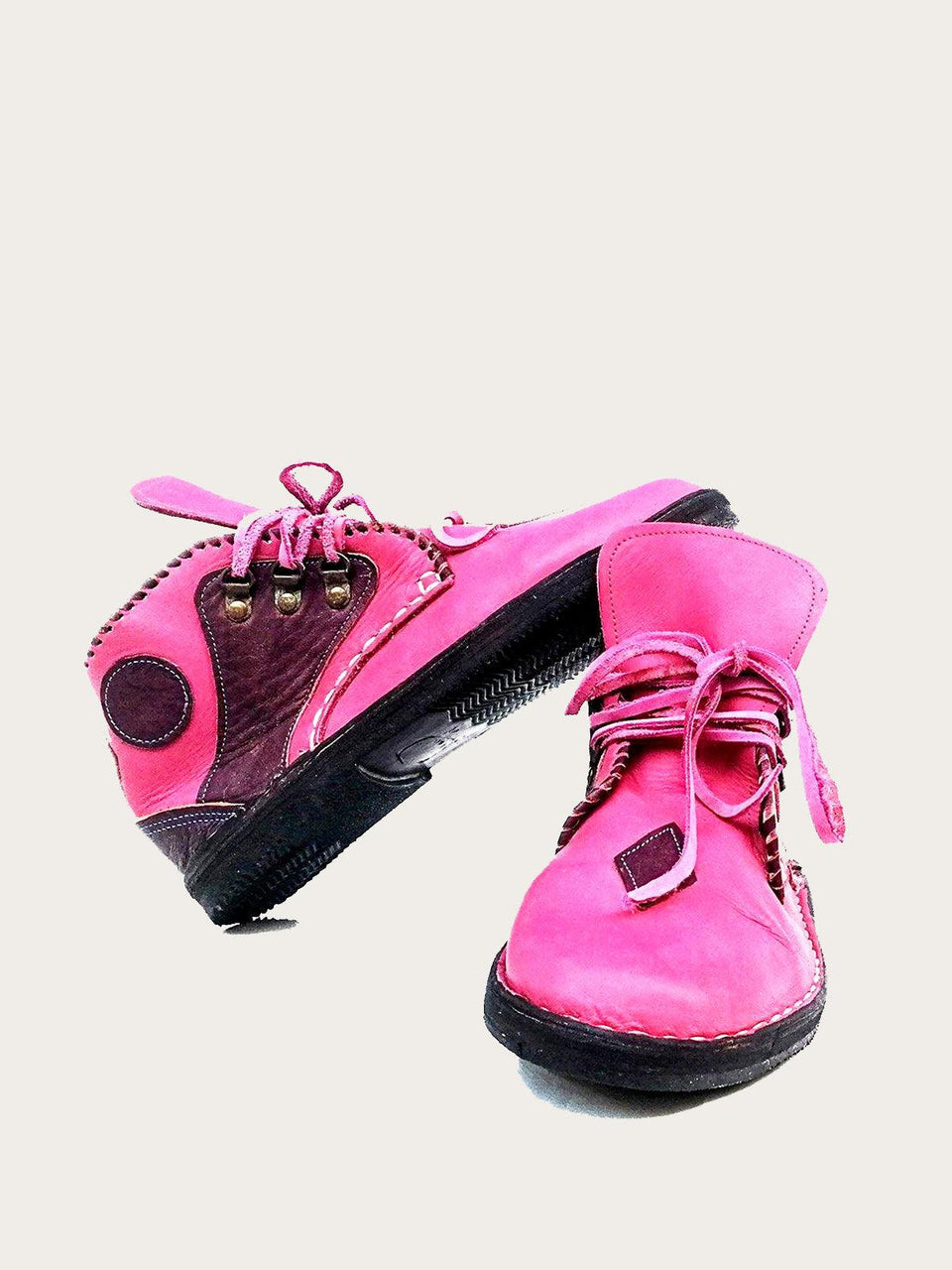 Handmade Pink and Black Leather Ankle Combat Boot - Slow Chic Fashion